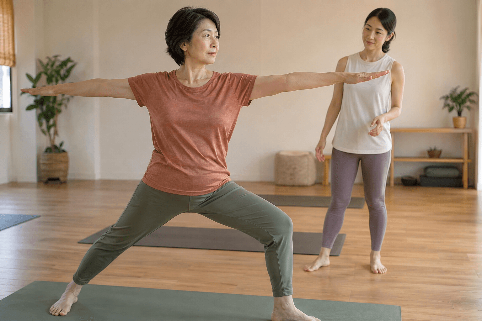 50代の女性がヨガインストラクターを目指してスタジオで学ぶ様子