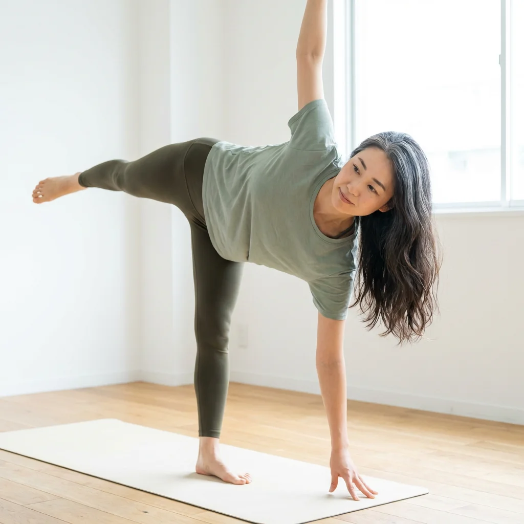 ヨガマットの上でテキストを開きながらヨガ資格の学習に取り組む女性