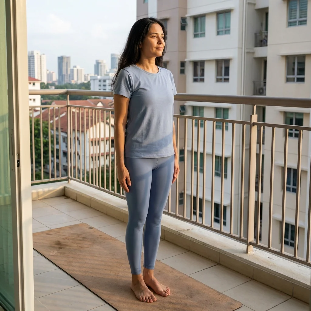 朝の光の中でヨガの呼吸を整える女性