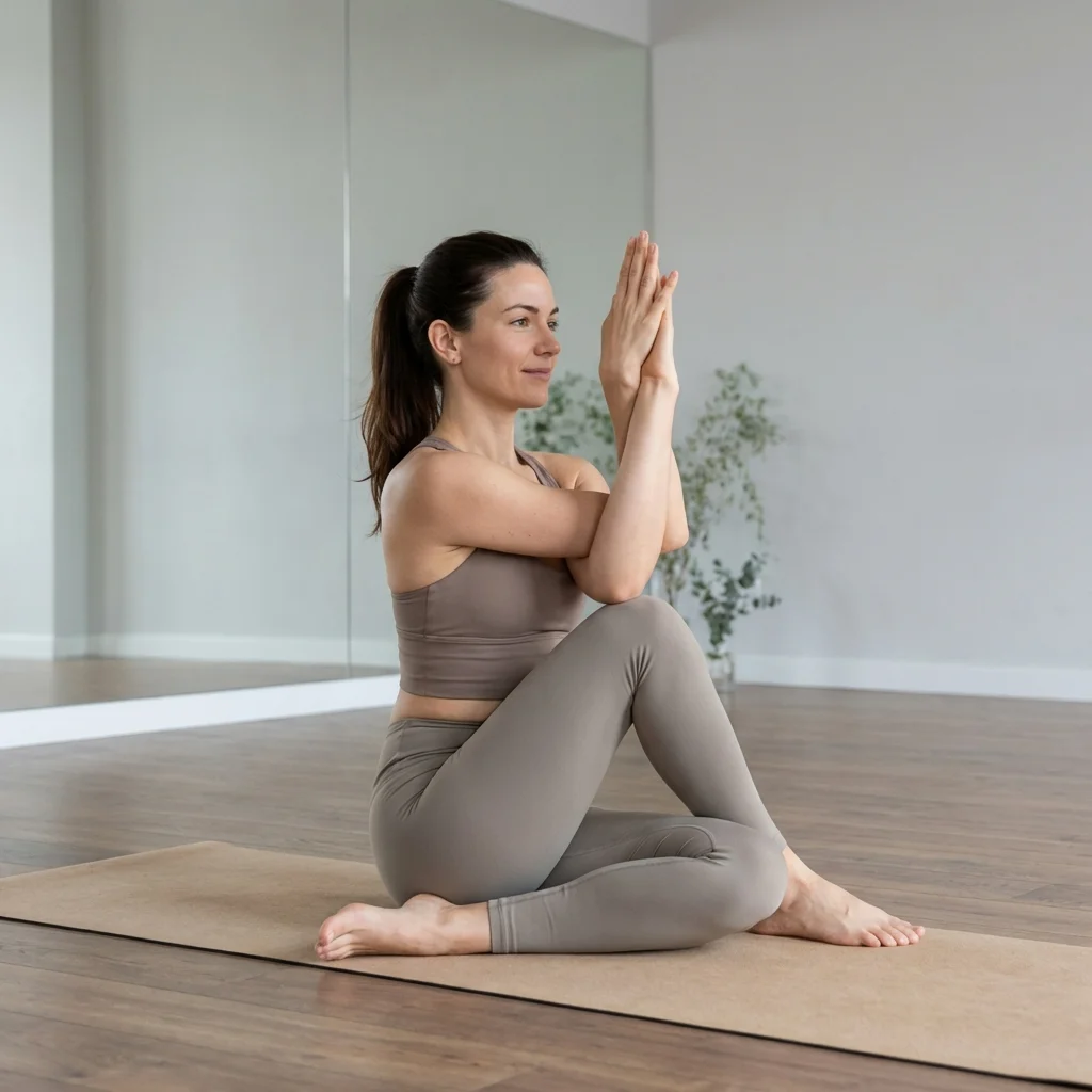 ヨガ資格の学習に取り組む女性が自宅でテキストを広げている様子