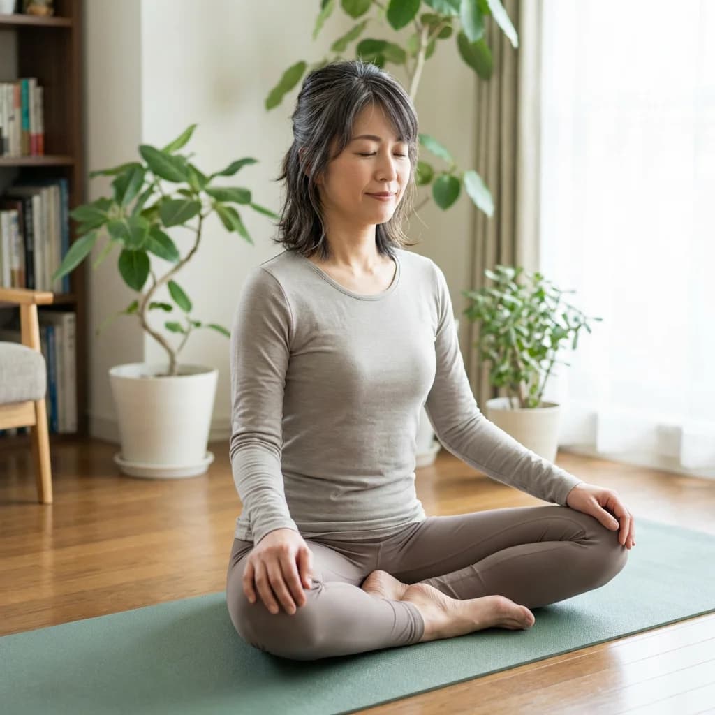ヨガインストラクターが静かに呼吸を整えながらマットに座っている様子