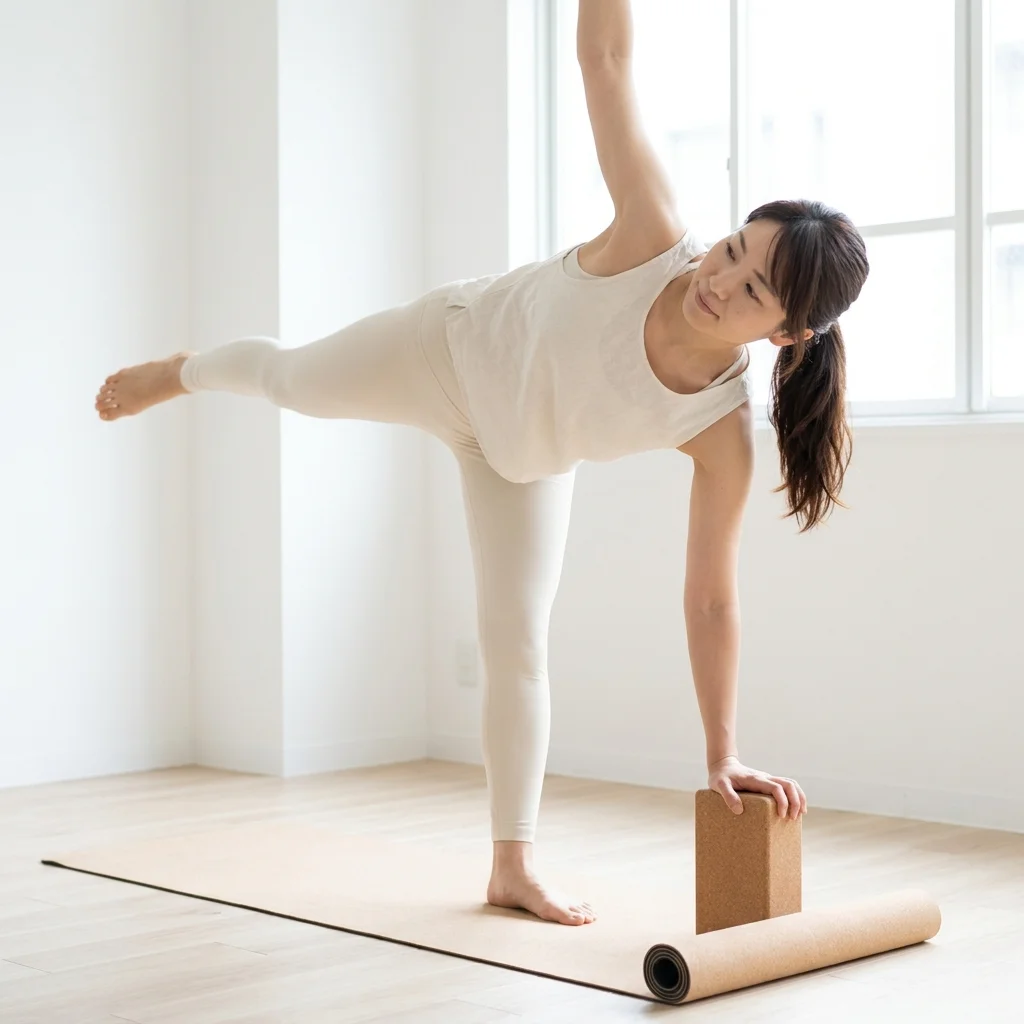 体が硬い女性がヨガマットで前屈に挑戦している様子