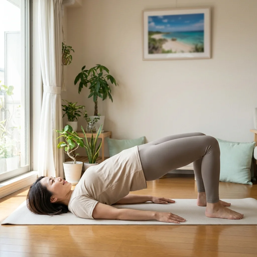 沖縄の海を背景にヨガのポーズをとる女性インストラクター
