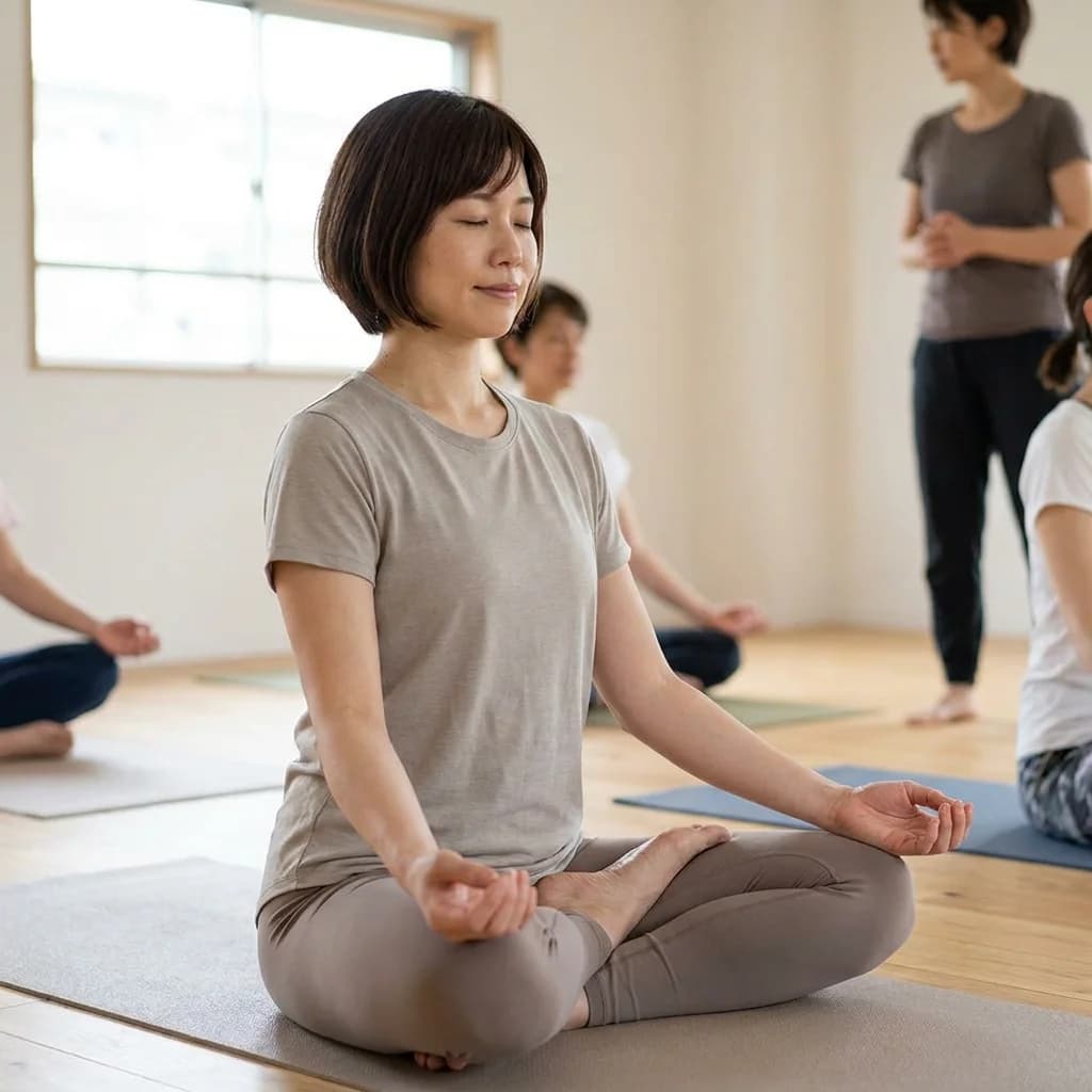 ヨガの練習中に感覚と呼吸に意識を向けている女性