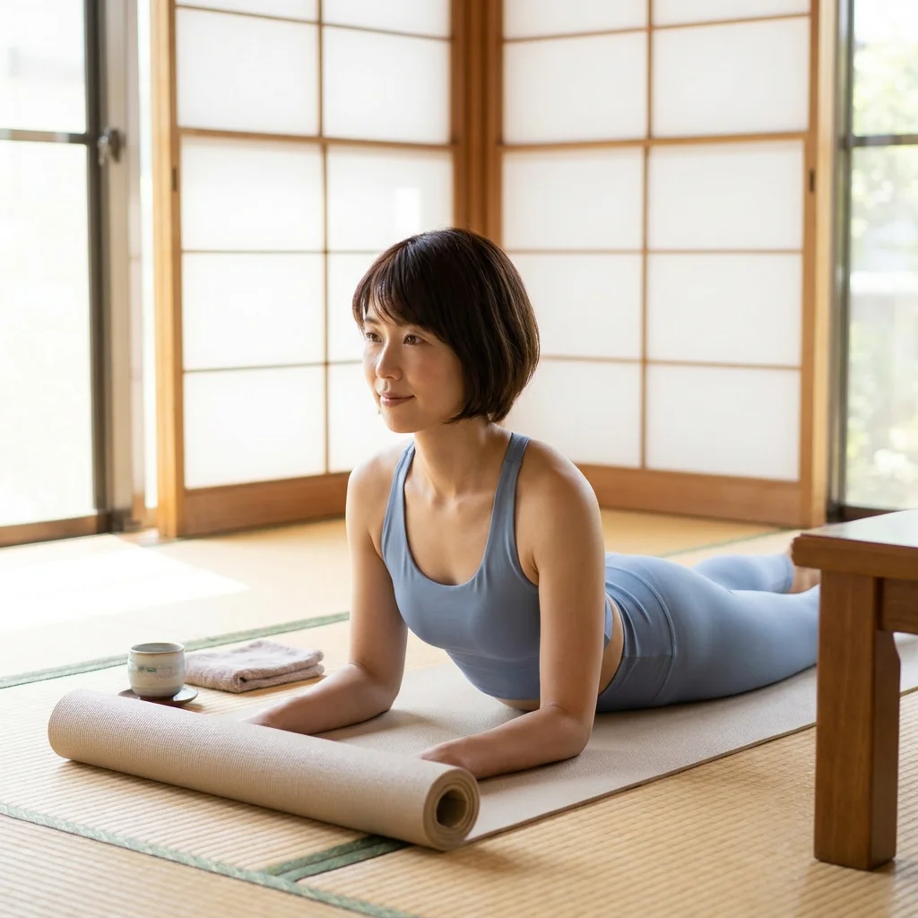 自宅でオンラインのヨガ資格講座を受講する女性