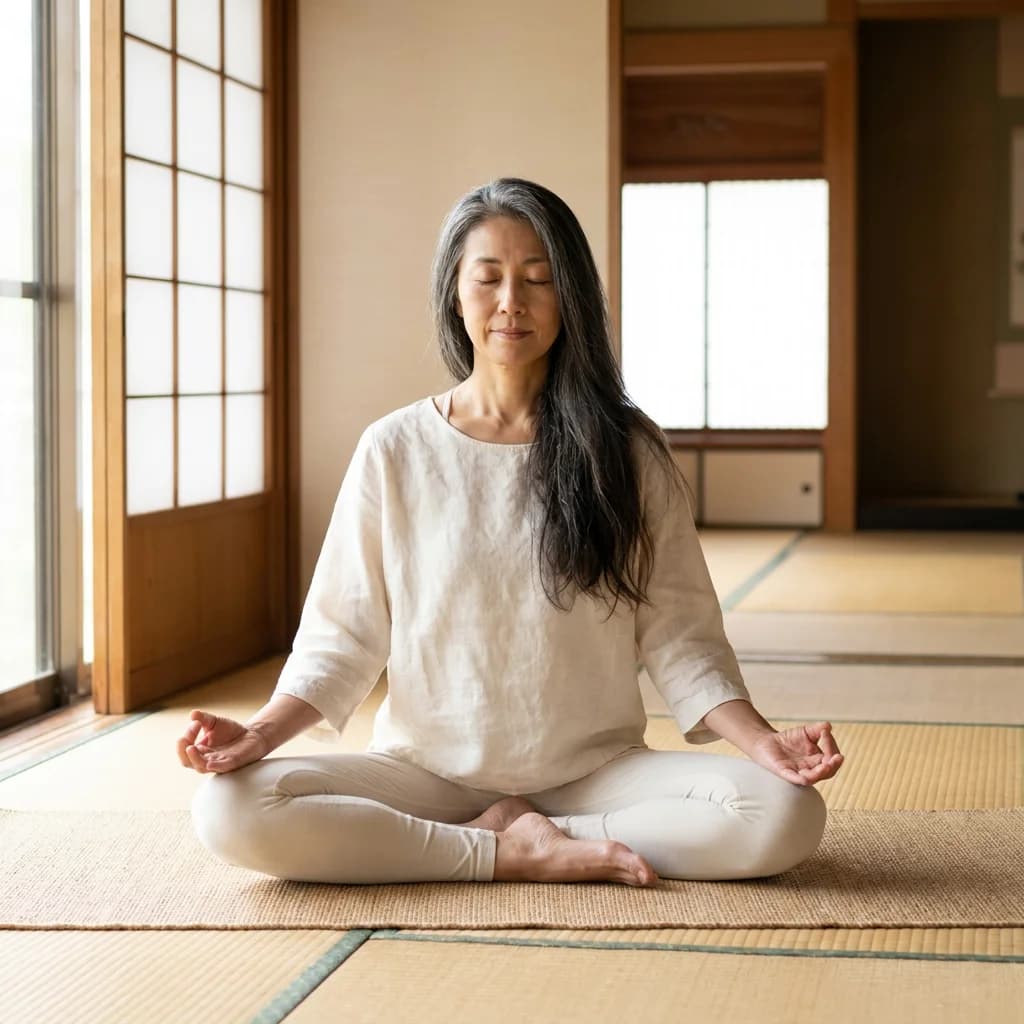 自宅でオンラインヨガ資格講座を受講する女性