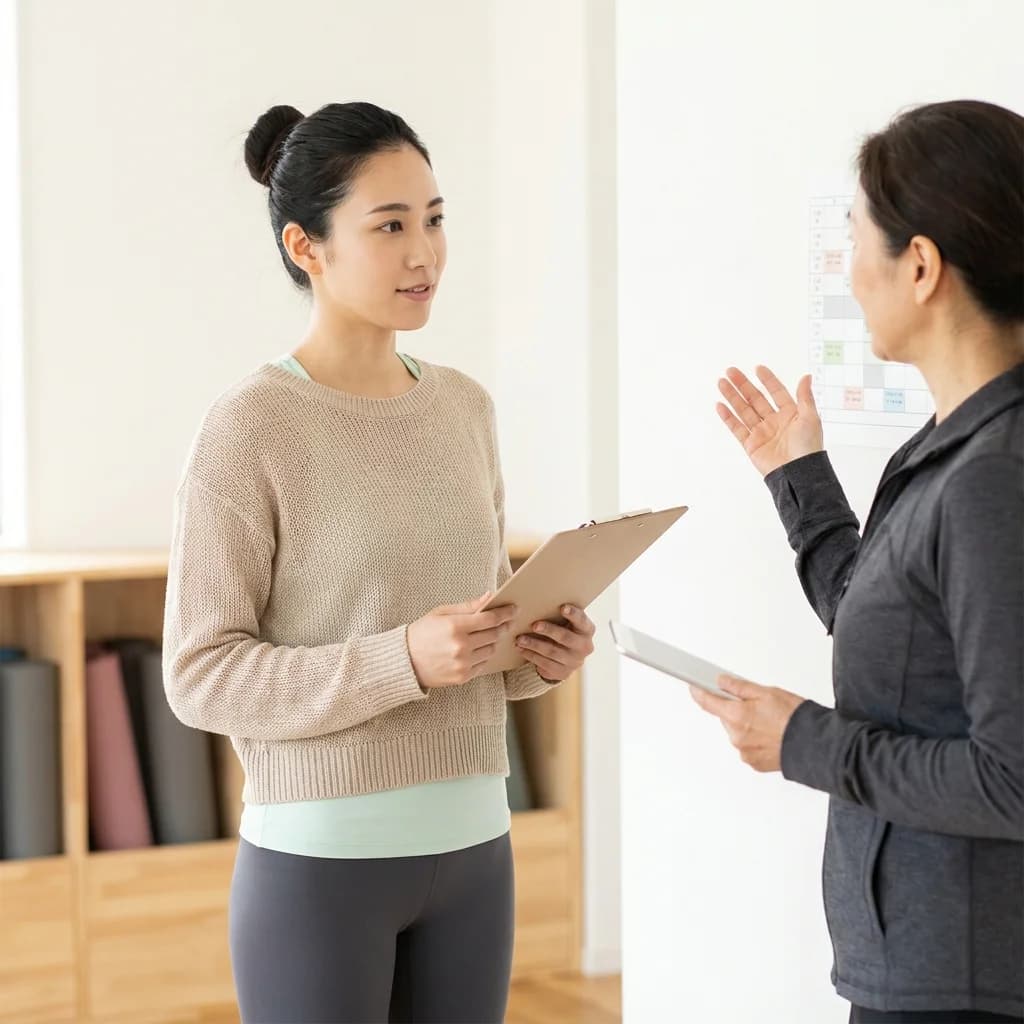 ヨガスクールの見学時にスタッフの説明を聞く女性